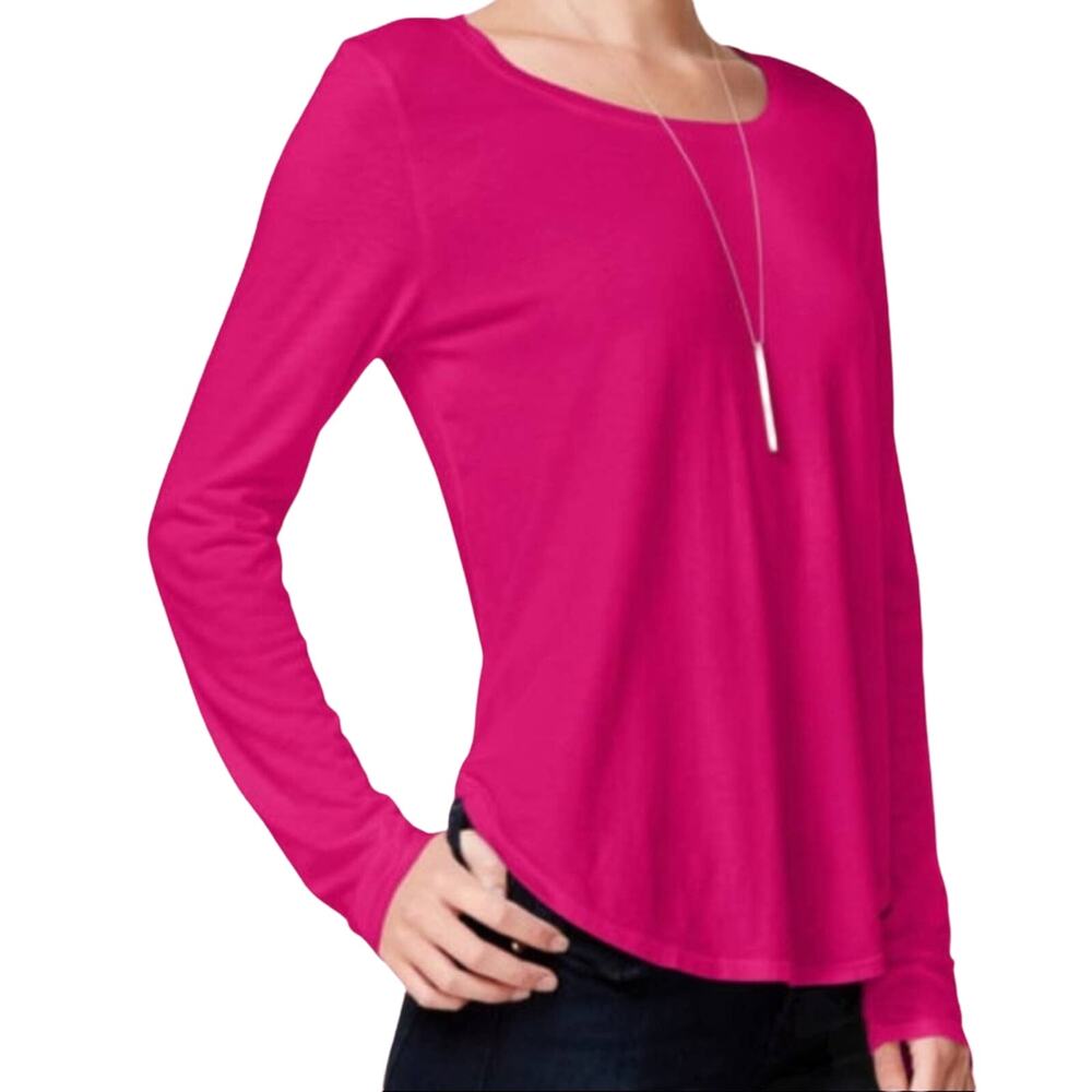 NWT CHELSEA SKY Candy Pink rounded hem long sleeve tee with keyhole back sz lg